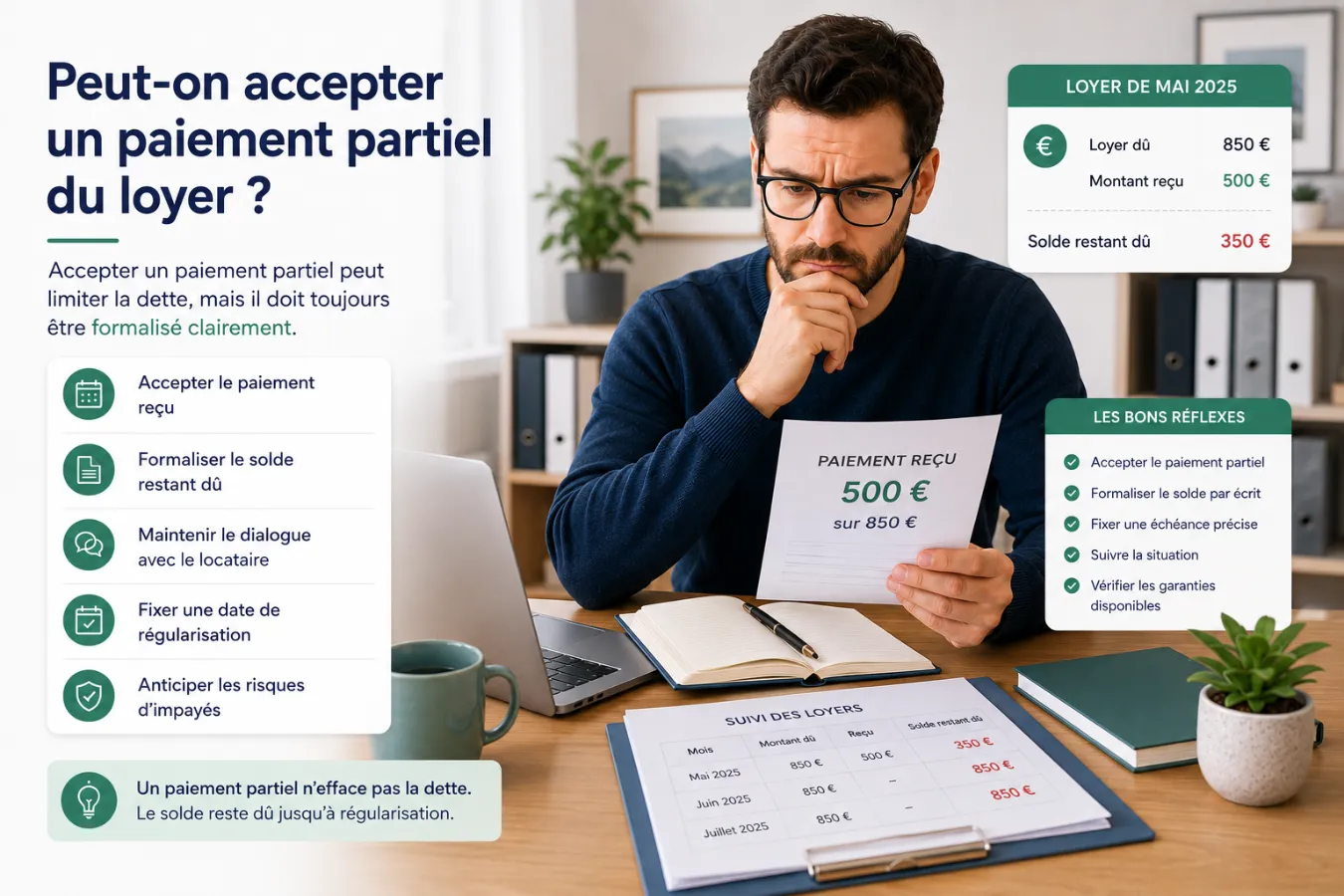 Paiement partiel du loyer : propriétaire bailleur analysant un règlement incomplet