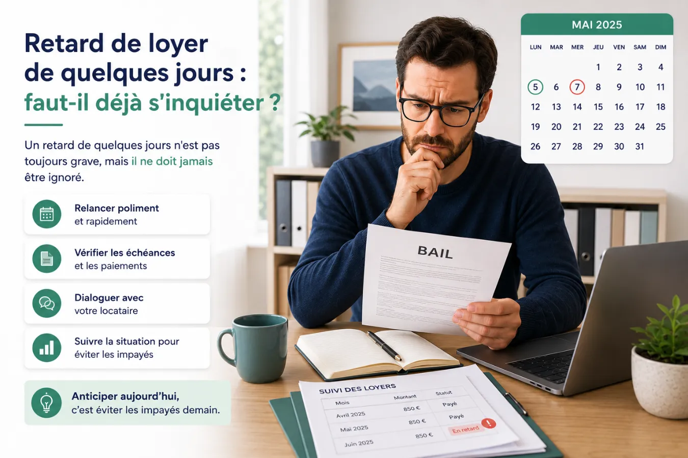 Retard de loyer de quelques jours : propriétaire bailleur analysant un paiement en attente