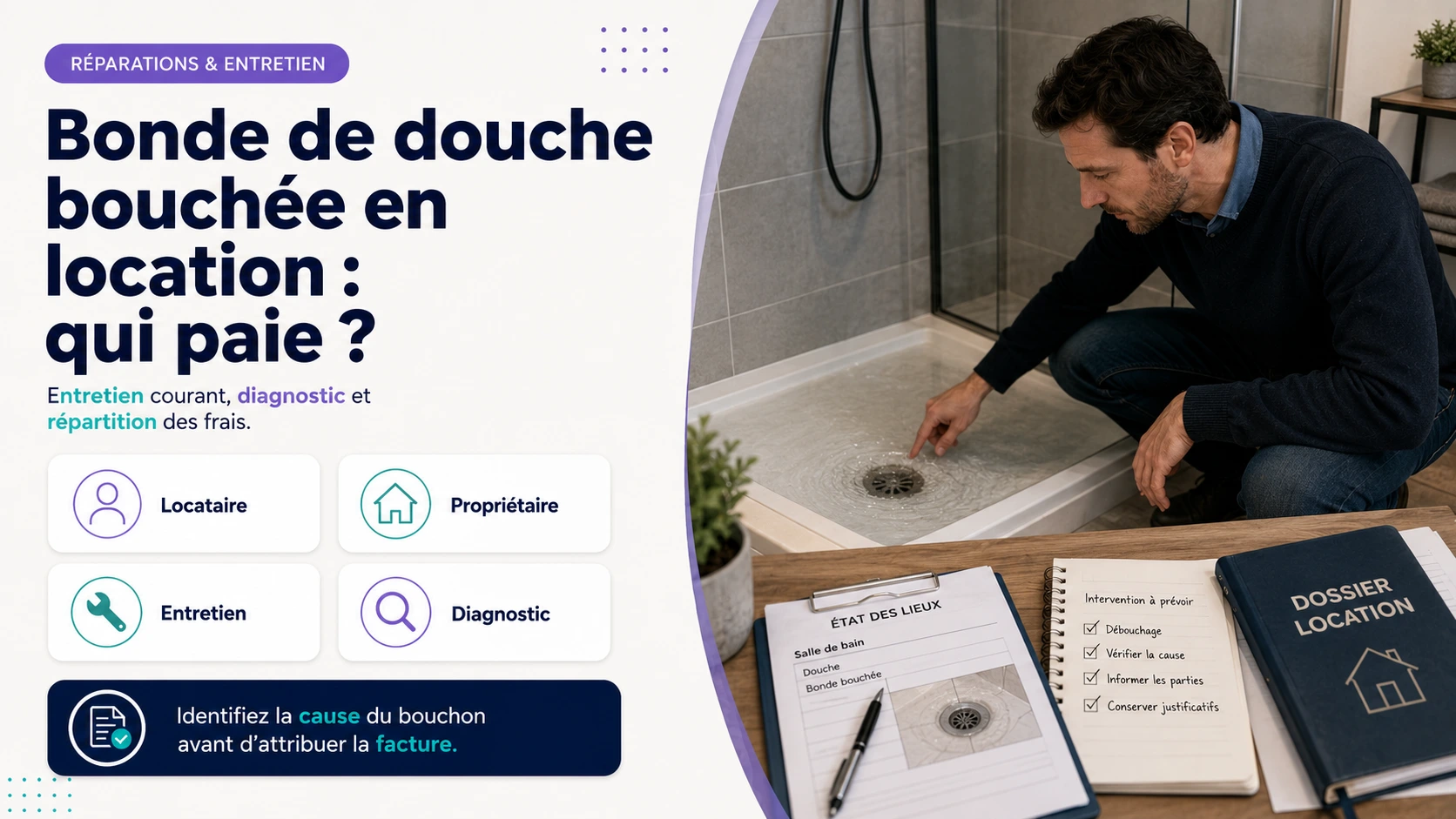 Bonde de douche bouchée en location avec eau qui s’évacue mal