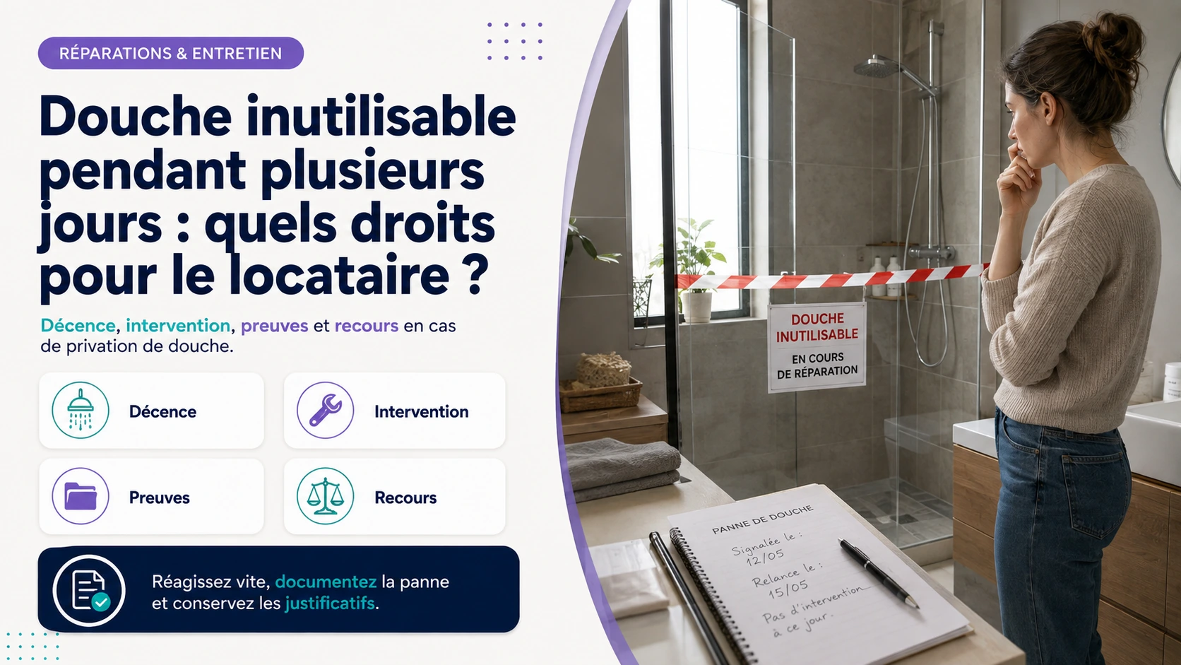 Douche inutilisable dans un logement en location pendant plusieurs jours