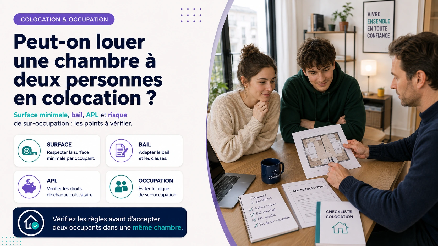 Louer une chambre à deux personnes en colocation et vérifier la surface