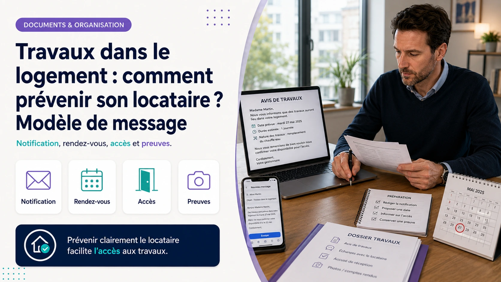 Propriétaire préparant un message pour prévenir un locataire de travaux
