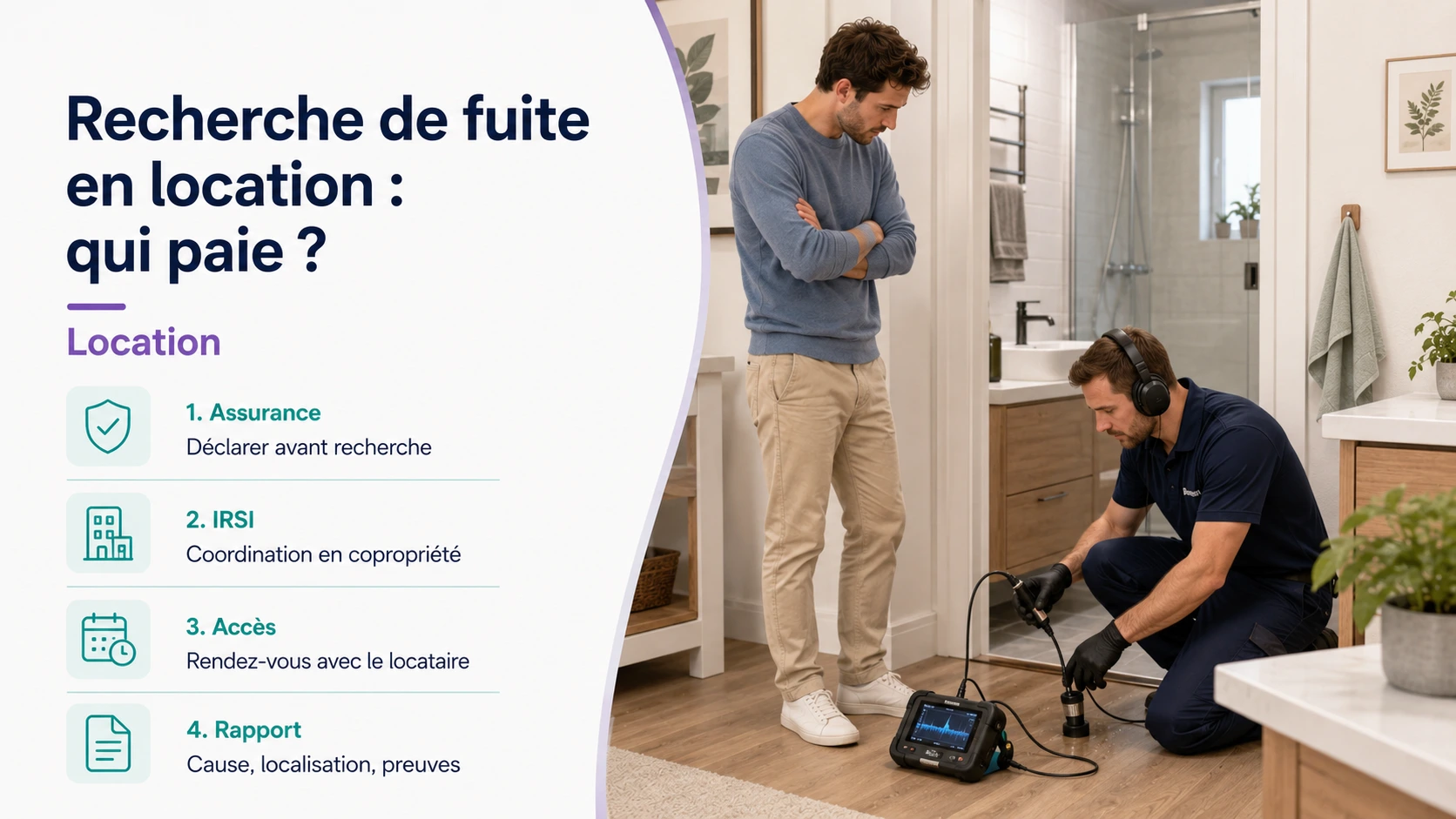 Recherche de fuite en location : plombier localisant une fuite et propriétaire organisant l’accès