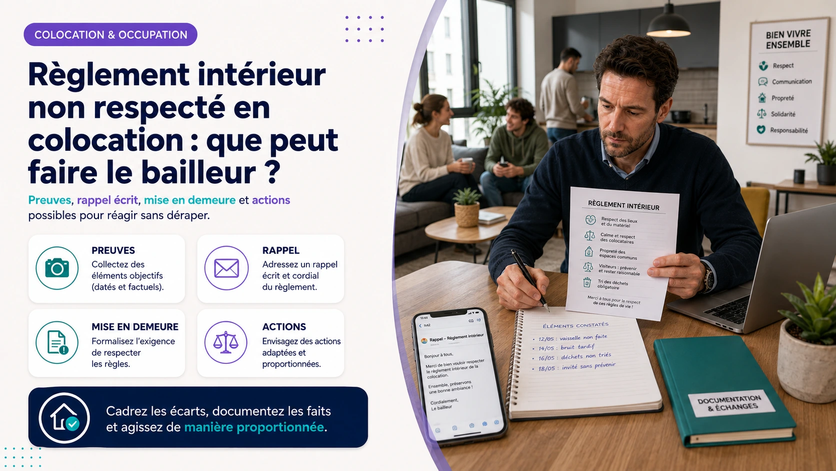 Non-respect du règlement intérieur en colocation et rappel du bailleur