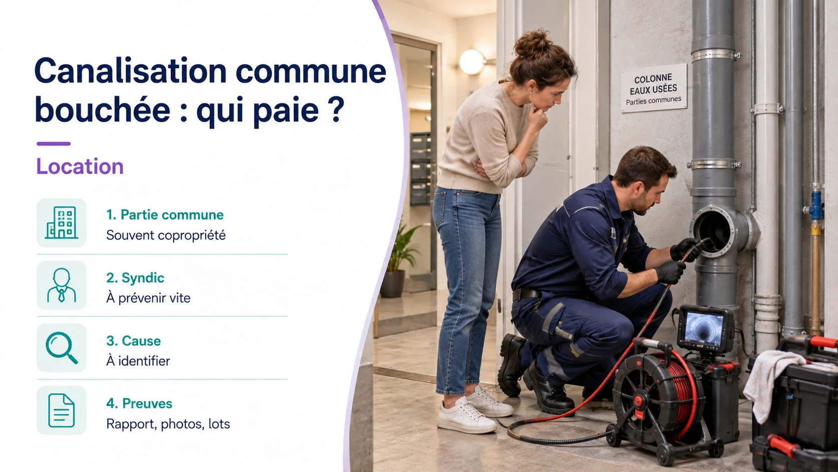 Canalisation commune bouchée en copropriété et propriétaire échangeant avec le syndic