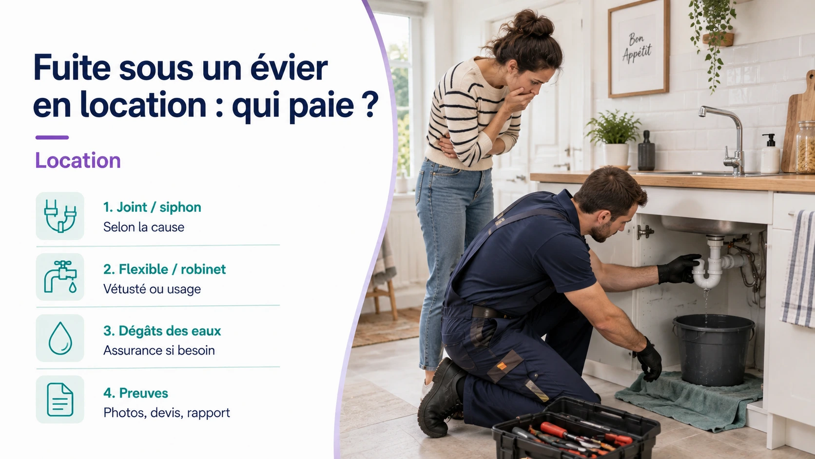 Fuite sous un évier en location avec siphon, raccords et flexible à contrôler