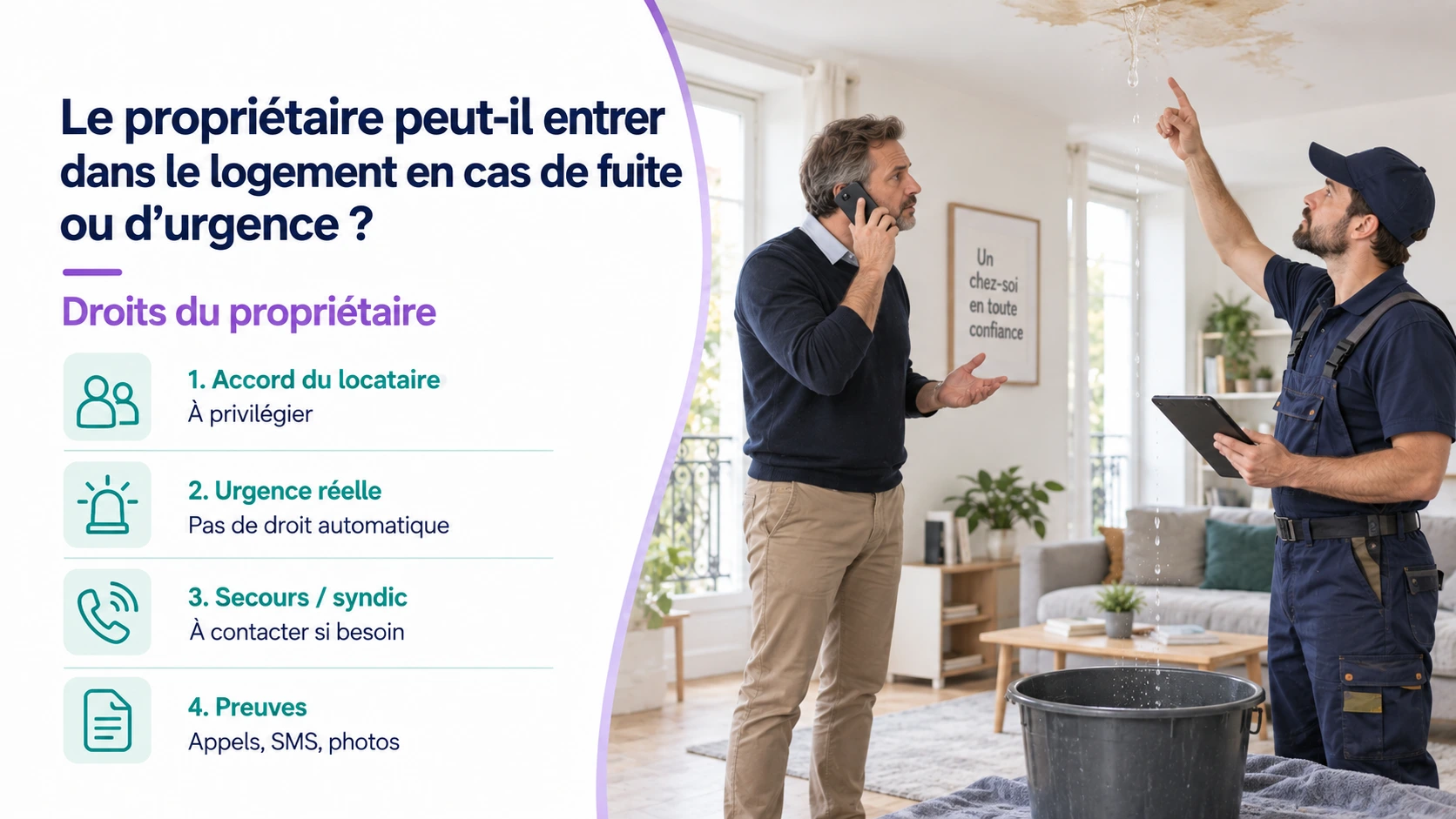 Propriétaire souhaitant entrer dans le logement en urgence en cas de fuite sans accord automatique