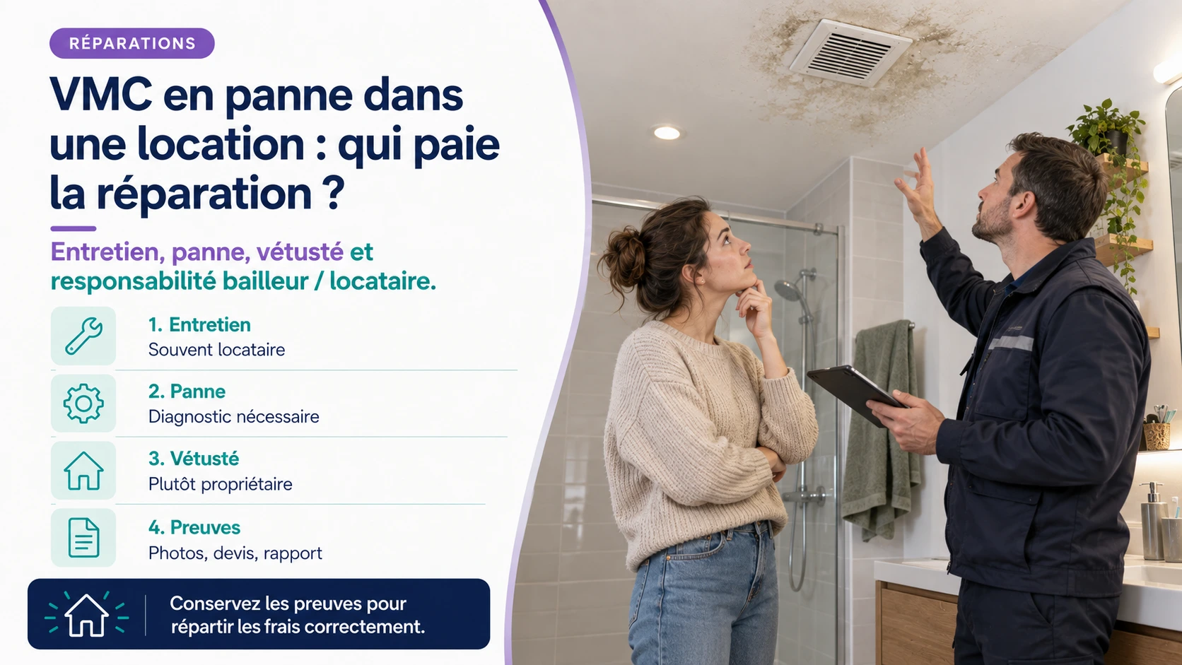 VMC en panne dans une location et propriétaire vérifiant la ventilation